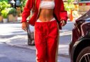 Bella Hadid Showed Off Her Abs in a Sports Bra and Red Track Suit